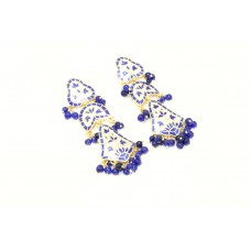 925 Sterling Silver gold rhodium dark blue Enamel Meena dangle Earrings 2.6'